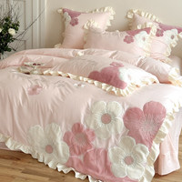 Ensemble de literie en coton rose pour fille, 4 pièces, broderie florale, linge de lit princesse