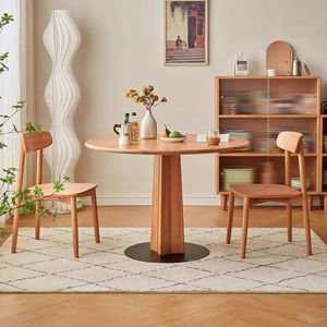 Mesa de comedor redonda de madera de cerezo nórdico, estructura estable de madera maciza para uso doméstico - Product Image 4