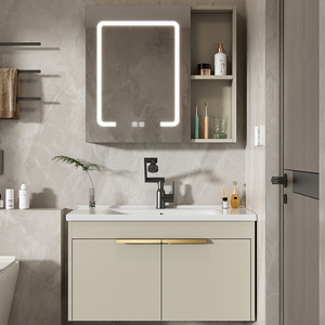 The modern minimalist gray washbasin and bathroom cabinet are equipped with high-quality <b>hardware</b> and drawers - Product Image 3