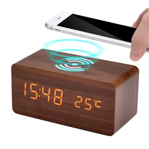 KH-WC021-cargador inalámbrico Qi con logotipo personalizado, para teléfono de escritorio, multifunción, madera, con alarma Digital LED de temperatura