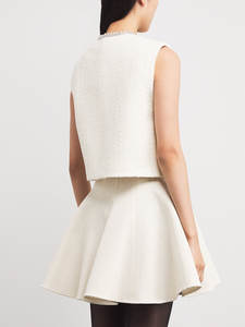 Conjunto de 2 Piezas para Mujer, Chaleco Corto con Cuello Redondo y Estampado de Espiga, Falda Corta con Vuelo, Bolsillo con Botones Decorativos - Product Image 5