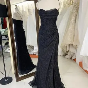 Черный Золотой корсет без рукавов Блестящий тюль на шнуровке вручную плиссированный с Боковым Разрезом платья для выпускного макси - Product Image 1