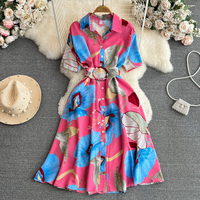 Robes d'été élégantes 2025 à manches courtes, col à revers, boutonnage simple, ceinturées, coupe trapèze, imprimé floral pour femmes