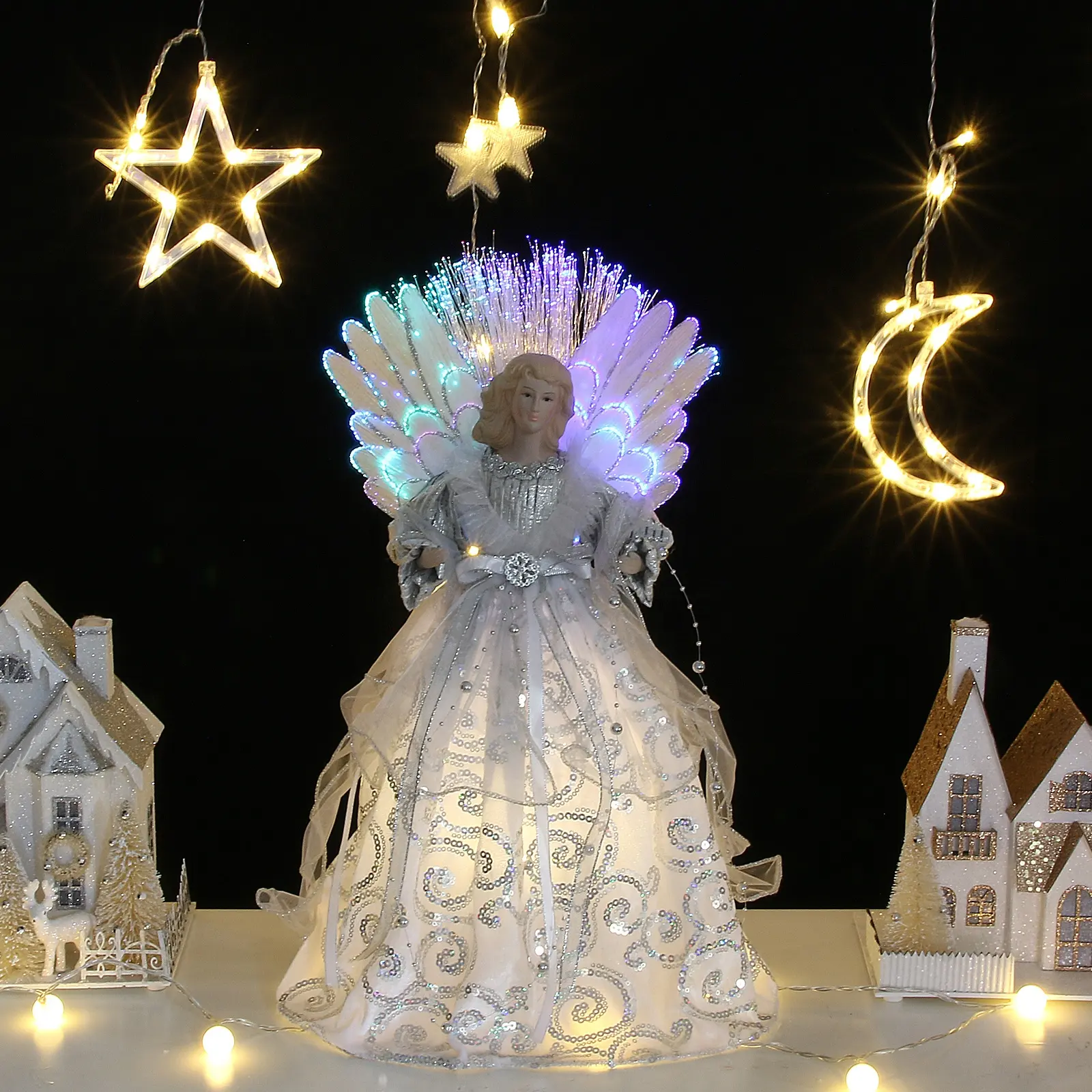 SOTE 16 "المضاء عيد الميلاد تمثال ملاك الحلي اليدوية الفضة والأبيض LED الألياف البصرية الملاك عيد الميلاد شجرة توبر