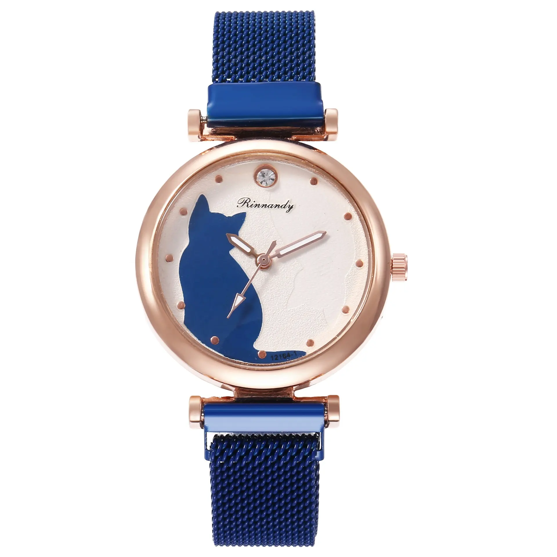 TW443 Wholesale Cute Carton Cat Rivet Crystal Women Watches Mesh Quartz Wrist Watch Magnetic Watch For Student