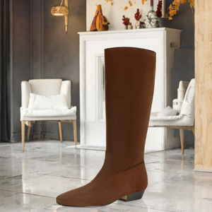 Bottes hautes à talons carrés en daim pour femme, confortables et élégantes, à enfiler, pour mollets larges - Product Image 3