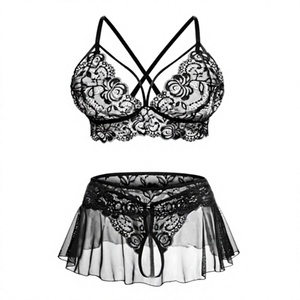 <b>Sexy</b> Fluorescent Lace Appliques Embroidery Floral Halter Breathable Quick Dry Push-Up Wire Free Triangle Hipster Three Piece <b>Set</b> - Product Image 2