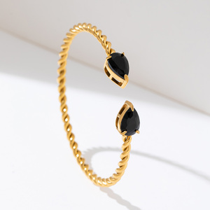 Heart <span class=keywords><strong>Duo</strong></span> : Bracelet en acier inoxydable 316L avec pierre précieuse étincelante de zircon noir, bracelet pour femmes et filles - Product Image 1