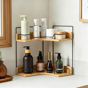 Étagère d'angle de salle de bain à 2 niveaux en bambou avec acier inoxydable 304, support de rangement en bois pour comptoir de salon - Product Image 1
