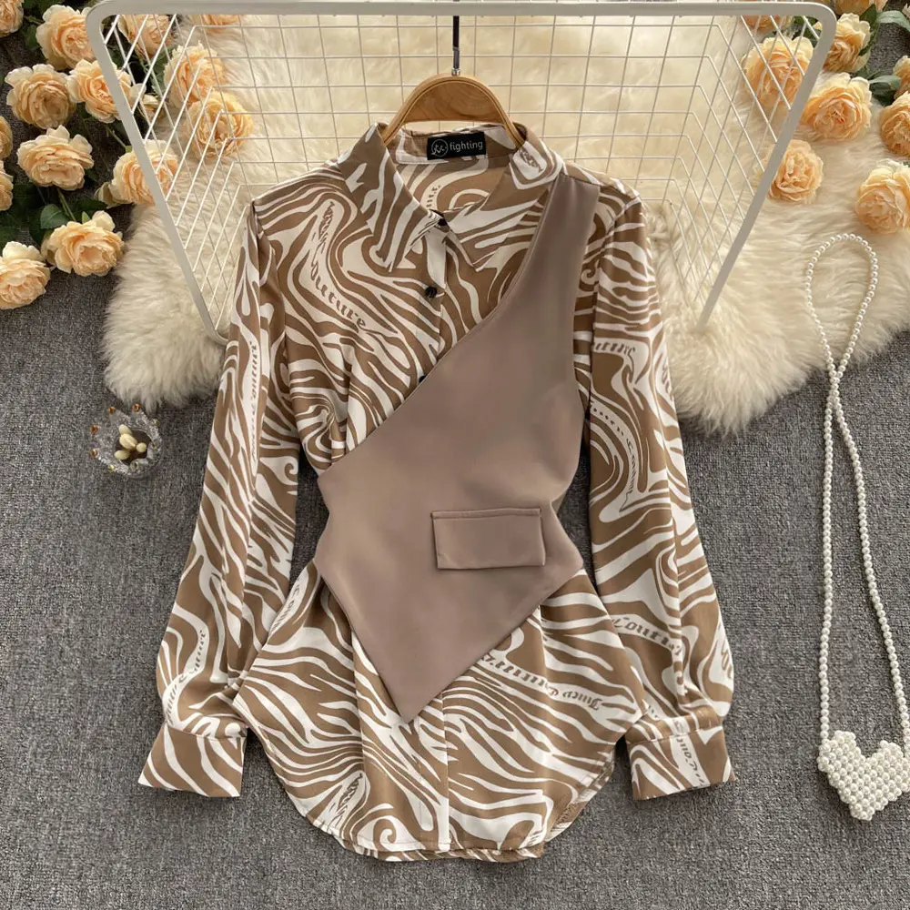 Fashion new Korean version of the long-sleeved top loose thin zebra pattern stitching two-piece shirt women