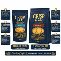 Sacs d'emballage alimentaire personnalisés pour chips de pommes de terre, avec fenêtre ovale, refermables à fermeture éclair, à fond plat et autoportants, pour chips Kettle, sel marin et barbecue