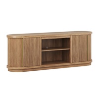 Meuble TV en bois naturel de style Japandi moderne, console multimédia à lattes cannelées, meuble TV en bois à bords incurvés, centre de divertissement de style Mid-Century