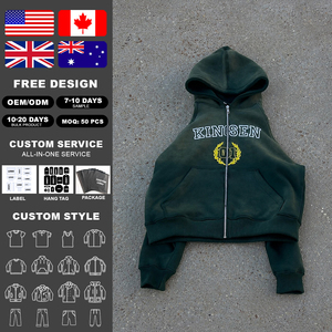 เสื้อฮู้ดซิปครอปพิมพ์ลายสตรีทแวร์ทรงหลวมผ้าฝ้าย 100% หนานุ่ม สไตล์วินเทจฟอกสีซีดแบบทำเองสำหรับผู้ชาย - Product Image 2