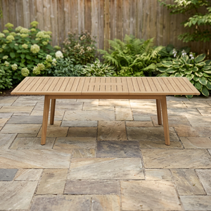 Table de salle à manger moderne en teck pour extérieur, table de patio à lattes, mobilier extensible pour villa et terrasse - Product Image 3
