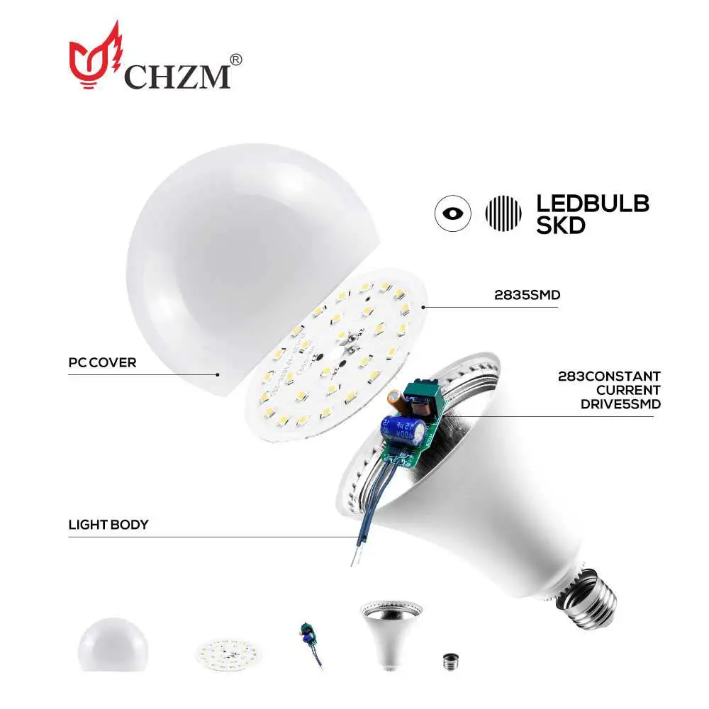 CHZM無料サンプルE27B22 LED電球5W7W 9W 12W 15W 18W 85-265v2年保証LED電球照明ランプ