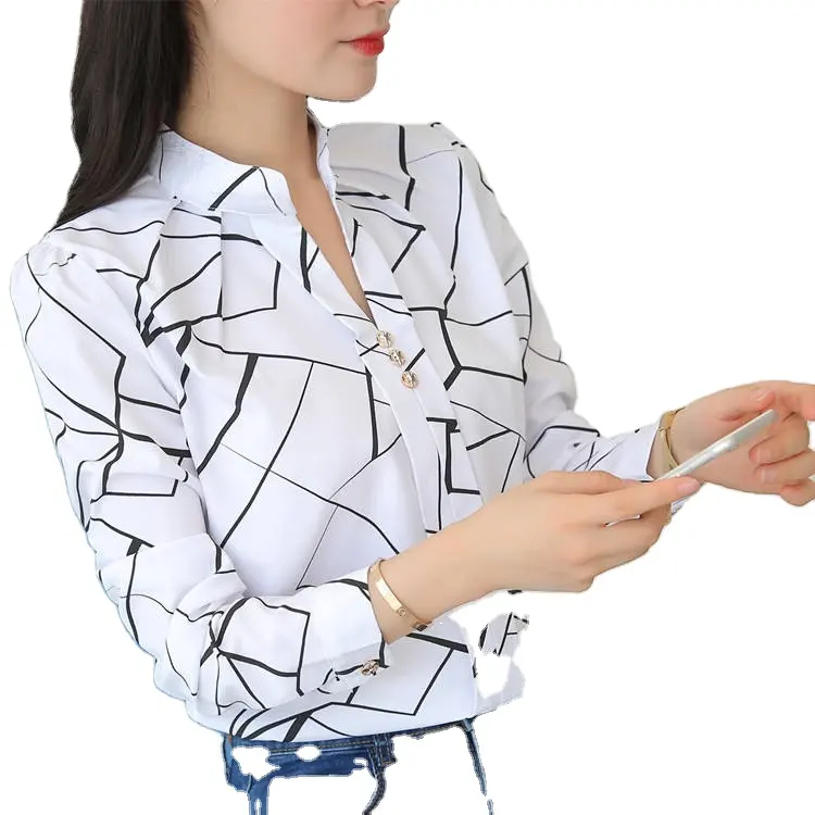 2022 Elegant Printed Shirt Women's Spring Autumn Tops Office Korean Fashion Slim White Chiffon Blouse Long-Sleeve Shirts Blouses