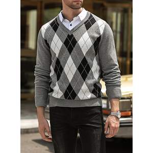 Pull à col en V décontracté pour hommes, coupe ajustée, à manches longues, à losanges, pull en tricot côtelé, anti-rides, anti-rétrécissement, chaud, à motif imprimé - Product Image 4