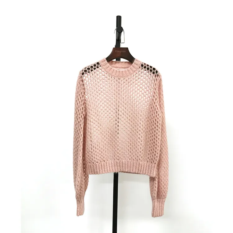 Kingsun OEM ODM customize design 2023 women long sleeve casual hollow out knitwear mesh top