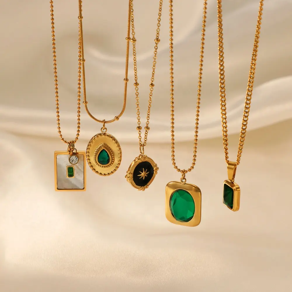 Vintage Jewelry Stainless Steel Square Natural Shell Emerald Green Zircon Coin Pendant Medallion Gems Necklaces Set For Women