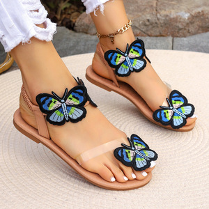 Women Embroidery Butterfly Flat <b>Sandals</b> Clear Strap <b>Elastic</b> Ankle Strap Summer Beach Open Toe Footwear - Product Image 3