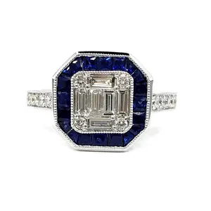 Vente en gros de haute qualité 18 carats or blanc massif diamant véritable pierre précieuse grappe de saphir de luxe bagues de fiançailles d'éternité pour femme