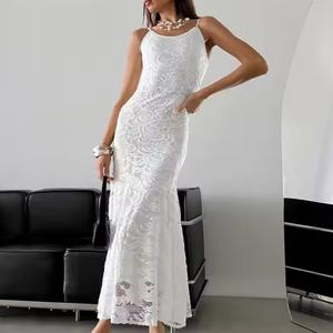 Robe d'été décontractée blanche pour femme, sans manches, à bretelles en dentelle, en coton, idéale pour les vacances – Vente chaude OEM - Product Image 1