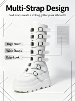 Bottes mi-mollet gothiques punk pour femme, avec plateforme, multi-boucles métalliques, fermeture éclair latérale, rehaussantes, tendance, vente en gros