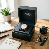 Boîte à montre simple en bois noir mat avec doublure en tissu texturé, logo personnalisé, boîte de rangement de luxe pour montre, emballage cadeau pour marque de montres