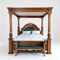 Lit à baldaquin en chêne de style baroque américain, or impérial, luxe, bois sculpté, taille King, rembourré, suite présidentielle de style manoir