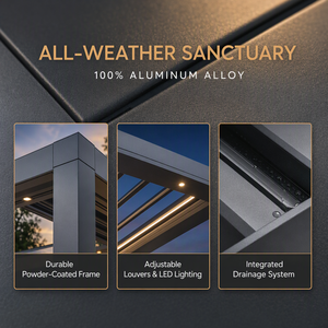 Pergola Intelligente à Lames Orientables Effet Bois, Pergola Extérieure Motorisée en Aluminium Équipée d'un Contrôle par Application, d'un Éclairage RGB et d'un Capteur de Pluie - Product Image 1