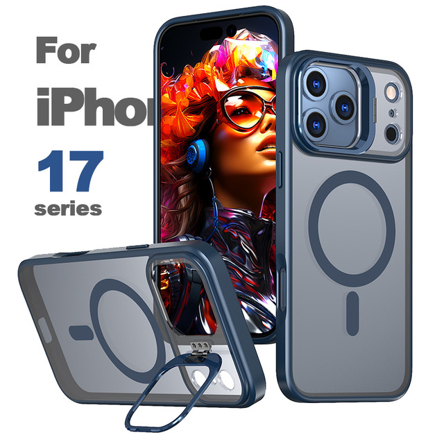 Wholesale Clear PC Matte TPU Hybrid Cover for iPhone 17 air 17 Pro Max Oxidized Aluminum Camera Stand Magnetic Phone Case