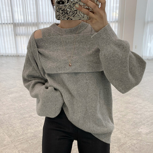 Wholesale 2026 Autumn Small Versatile Round Neck Layered Hollow Off Shoulder Splice Design Loose Long Sleeve <strong>Knitted</strong> <strong>Sweater</strong> - Product Image 3