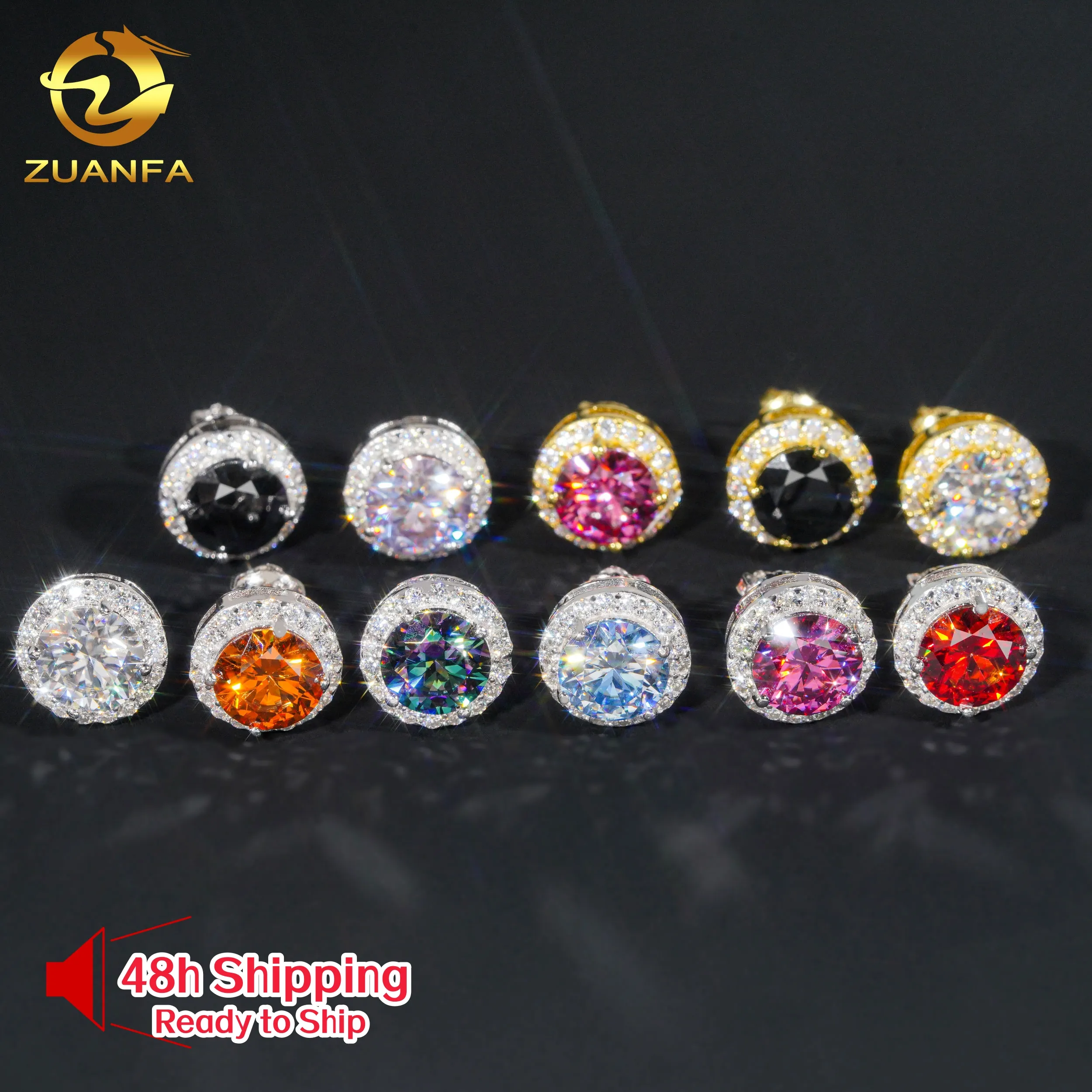 Zuanfa Sieraden Kleurrijke Moissanite Oorknopjes 925 Zilver Pass Diamant Test 2ct Halo Moissanite Diamant Luxe Hiphop Oorbel