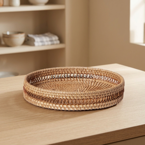 Plateau de service rond en rotin tissé à la main |   Panier de décoration de table en osier naturel, écologique, compatible lave-vaisselle et adapté aux aliments - Product Image 4