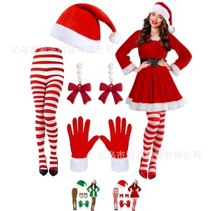 Ensemble de costumes de Noël pour femmes, robe rouge, chapeau, gants, bas rayés, boucles d'oreilles, tenue de fête, robe de soirée sexy - Product Image 1