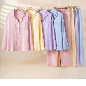 Bamboo Cotton Lapel Pajamas Women's All-season Thin Long-sleeve Pants Simple Casual Home Wear Set