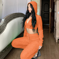 Ensemble de survêtement décontracté deux pièces pour femme 2026 : Crop Top et pantalon de survêtement en tricot uni avec capuche et fermeture éclair, idéal pour l'automne et l'hiver
