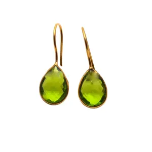 24k Gold Plated Peridot Gemstone 10x14 MM Pears Shape Dangles Drop Hooks Earrings Women Jewelry Faceted Stones Wholesale Fashion