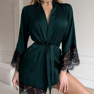 Nouveau pyjama sexy en dentelle de soie artificielle à <span class=keywords><strong>manches</strong></span> <span class=keywords><strong>longues</strong></span> pour femmes pyjamas à <span class=keywords><strong>manches</strong></span> <span class=keywords><strong>longues</strong></span> confort et <span class=keywords><strong>chemise</strong></span> de <span class=keywords><strong>nuit</strong></span> décontractée - Product Image 1