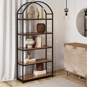 Giá sách bằng gỗ combohome, tủ sách 5 kệ bằng gỗ và khung kim loại màu đen với đỉnh vòm và kệ mở - Product Image 2