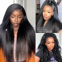 Perruque Yaki Lisse à Cuticules Alignées, Sans Colle, Full Lace Frontal HD, Cheveux Humains Brésiliens Kinky Straight, Perruque Lace Front