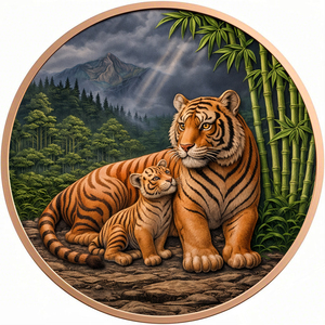 Pièce de monnaie ronde personnalisée en <span class=keywords><strong>cuivre</strong></span> fin 999 de 5 oz, motif <span class=keywords><strong>Famille</strong></span> de tigres avec surface en relief profond, design unique et délai de livraison rapide, faible MOQ - Product Image 1