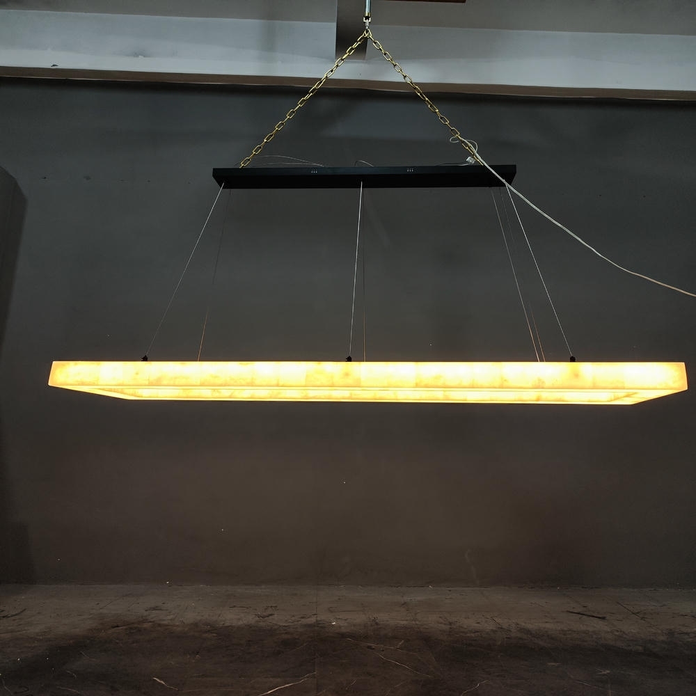 Minimalist Linear Frame Onyx LED Energy Saving Pendant Light Gold Chain Black Canopy Alabaster Shade 2700K Soft Warm White