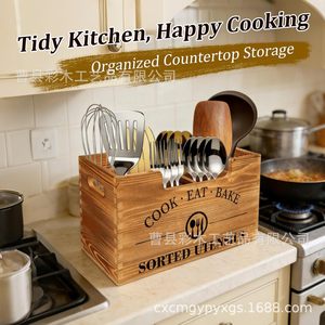 Wooden Cutlery <b>Storage</b> <b>Box</b> Rectangle Wall Mounted Multi Compartment <b>Kitchen</b> Utensil Organizer Retro Color - Product Image 5