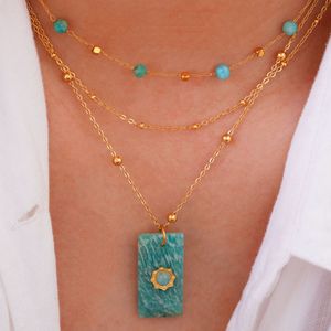 Nouveau design 2026 – Collier pendentif carré en pierre naturelle style vintage français, bijoux en acier inoxydable, vente en gros - Product Image 5