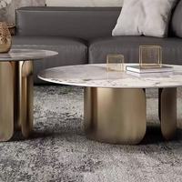Ensemble de tables basses en pierre frittée de luxe, base en acier inoxydable doré poli, table centrale moderne pour salon
