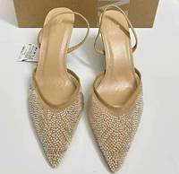 ZA Nouveauté Été Sandales à talons hauts pour femme, à bout pointu, à décolleté bas, avec empeigne brodée et ornée de perles de verre et de strass