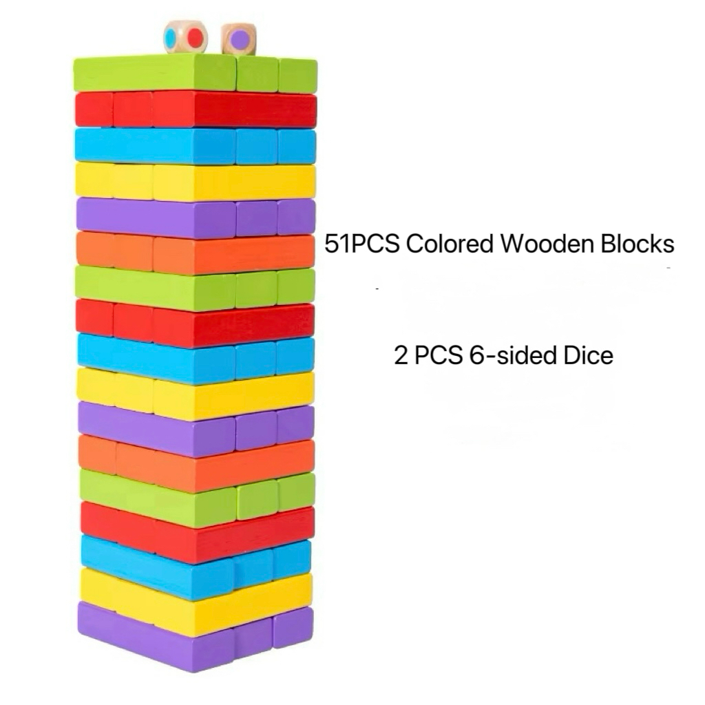 Jenga colorido de 51 piezas + 2 dados coloridos