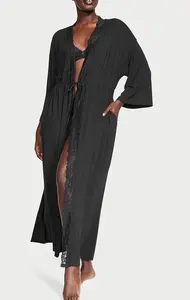 Women's Full-Length Robe Drawstring Waistline Breathable Black White Logo On Back Neck OEM Service Kimono For Women