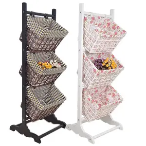 Three layer solid wood home storage book rack with woven hanging basket